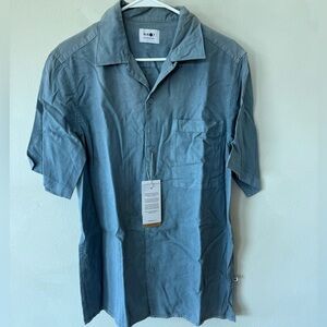 $175 NNO7 No Nationality T Top Shirt Mens small Blue Button Up Short Sleeve Flaw
